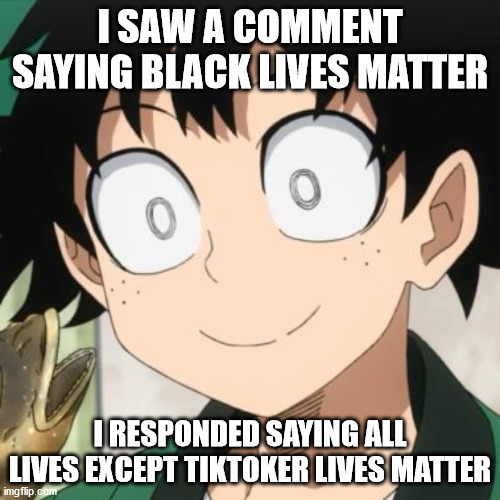 i just met an idiot | I SAW A COMMENT SAYING BLACK LIVES MATTER; I RESPONDED SAYING ALL LIVES EXCEPT TIKTOKER LIVES MATTER | image tagged in triggered deku | made w/ Imgflip meme maker