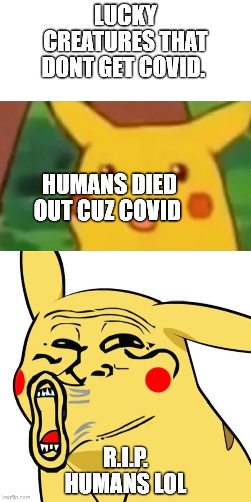 LUCKY CREATURES THAT DONT GET COVID. HUMANS DIED OUT CUZ COVID; R.I.P. HUMANS LOL | image tagged in memes,surprised pikachu | made w/ Imgflip meme maker