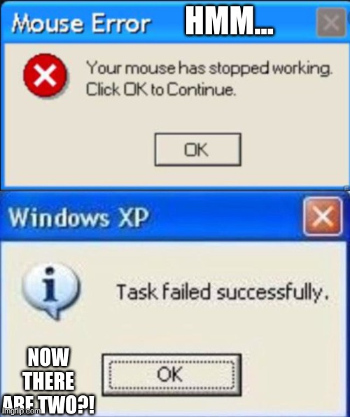 Hmm... ...now there are two?! | HMM... NOW THERE ARE TWO?! | image tagged in task failed successfully | made w/ Imgflip meme maker