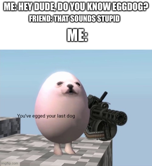 ME: HEY DUDE, DO YOU KNOW EGGDOG? FRIEND: THAT SOUNDS STUPID; ME: | image tagged in blank white template,you've egged your last dog | made w/ Imgflip meme maker