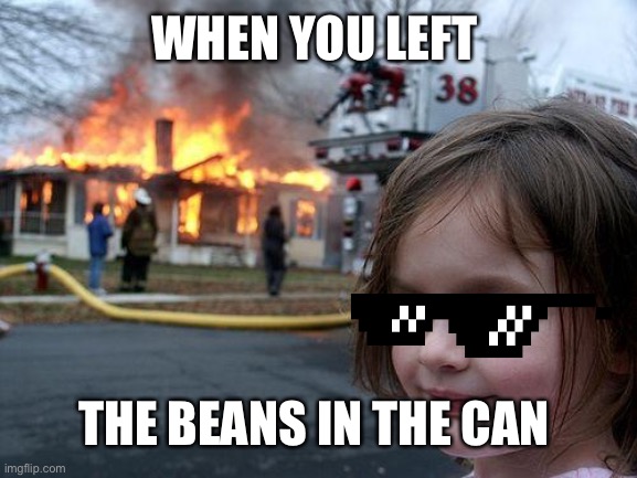 Well | WHEN YOU LEFT; THE BEANS IN THE CAN | image tagged in memes,disaster girl | made w/ Imgflip meme maker