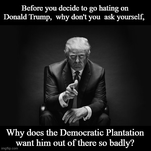 Who are the real racists in America? | Before you decide to go hating on Donald Trump,  why don't you  ask yourself, Why does the Democratic Plantation want him out of there so badly? | image tagged in donald trump thug life,democratic racism,plantation,racist,hypocrisy,democrat hypocrisy | made w/ Imgflip meme maker