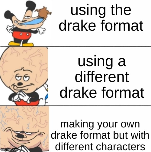 lol | using the drake format; using a different drake format; making your own drake format but with different characters | image tagged in expanding brain mokey | made w/ Imgflip meme maker