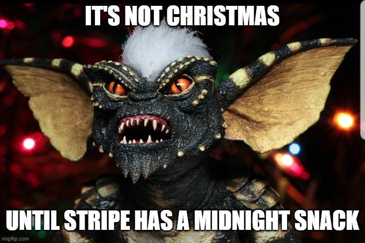 It's not christmas | IT'S NOT CHRISTMAS; UNTIL STRIPE HAS A MIDNIGHT SNACK | image tagged in it's not christmas,stripe,gremlins | made w/ Imgflip meme maker