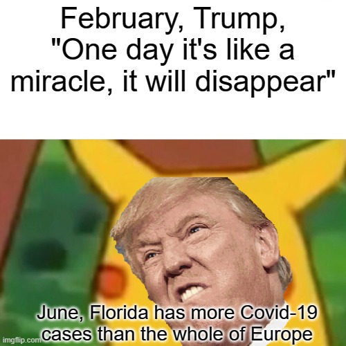 Trump Fail | February, Trump, "One day it's like a miracle, it will disappear"; June, Florida has more Covid-19 cases than the whole of Europe | image tagged in donald trump,covid19 | made w/ Imgflip meme maker