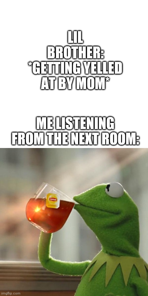 Yell | LIL BROTHER: *GETTING YELLED AT BY MOM*; ME LISTENING FROM THE NEXT ROOM: | image tagged in memes,but that's none of my business,kermit the frog | made w/ Imgflip meme maker