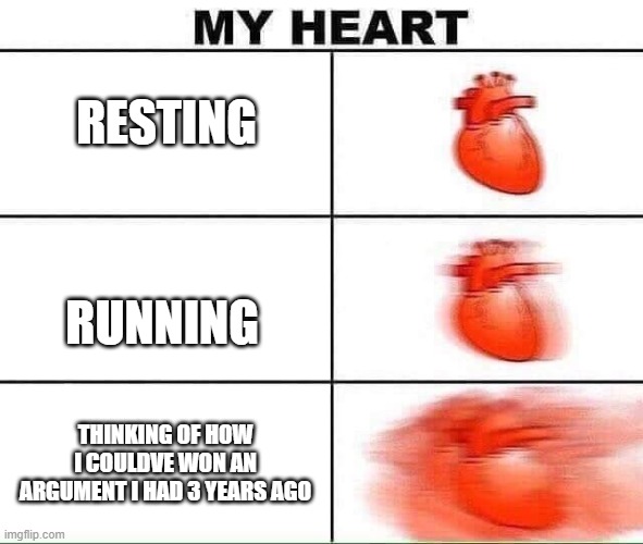 My heart | RESTING; RUNNING; THINKING OF HOW I COULDVE WON AN ARGUMENT I HAD 3 YEARS AGO | image tagged in my heart | made w/ Imgflip meme maker
