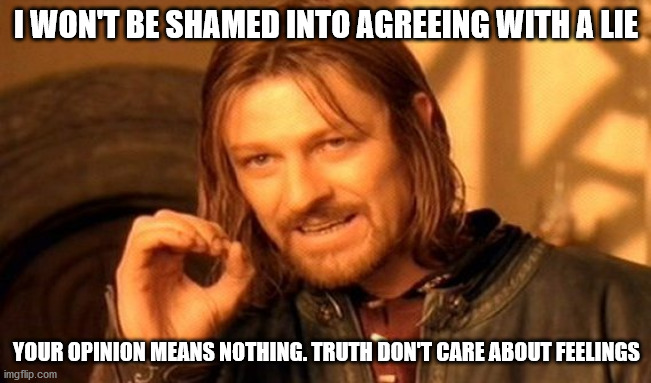 One Does Not Simply | I WON'T BE SHAMED INTO AGREEING WITH A LIE; YOUR OPINION MEANS NOTHING. TRUTH DON'T CARE ABOUT FEELINGS | image tagged in memes,one does not simply | made w/ Imgflip meme maker