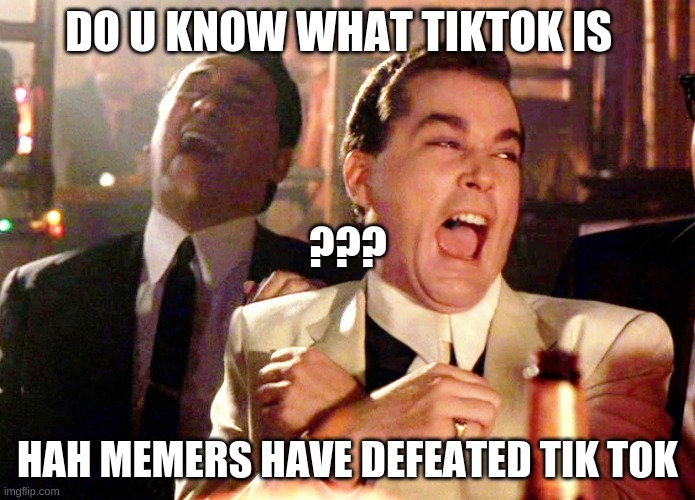 hahaha we made tiktok disappear | DO U KNOW WHAT TIKTOK IS; ??? HAH MEMERS HAVE DEFEATED TIK TOK | image tagged in memes,good fellas hilarious | made w/ Imgflip meme maker