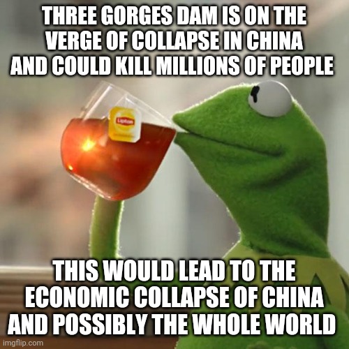 But That's None Of My Business | THREE GORGES DAM IS ON THE VERGE OF COLLAPSE IN CHINA AND COULD KILL MILLIONS OF PEOPLE; THIS WOULD LEAD TO THE ECONOMIC COLLAPSE OF CHINA AND POSSIBLY THE WHOLE WORLD | image tagged in memes,but that's none of my business,kermit the frog | made w/ Imgflip meme maker