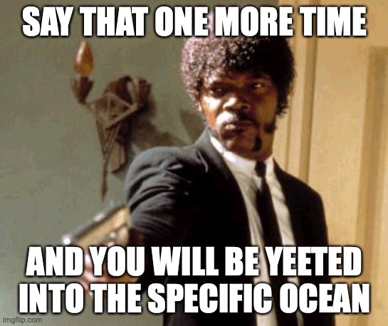 Say That Again I Dare You Meme | SAY THAT ONE MORE TIME; AND YOU WILL BE YEETED INTO THE SPECIFIC OCEAN | image tagged in memes,say that again i dare you | made w/ Imgflip meme maker