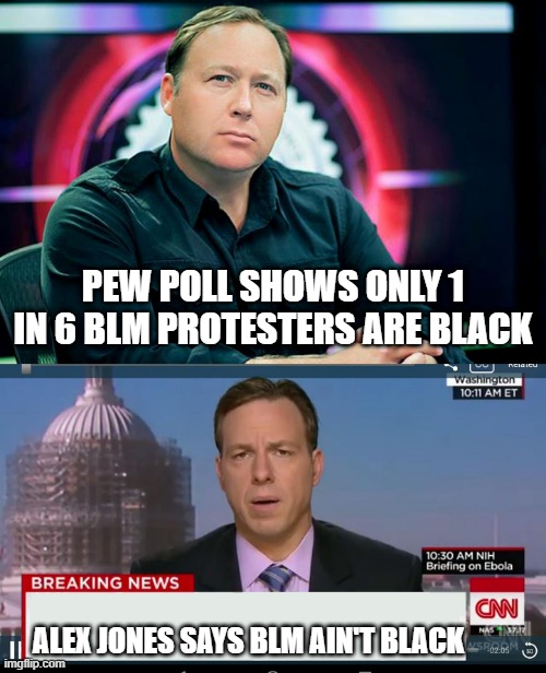 Alex Jones says BLM isn't black | PEW POLL SHOWS ONLY 1 IN 6 BLM PROTESTERS ARE BLACK; ALEX JONES SAYS BLM AIN'T BLACK | image tagged in alex jones,cnn breaking news template,infowars,blm,fake news | made w/ Imgflip meme maker