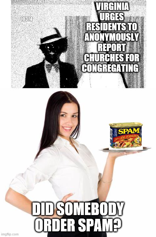 Do the right thing not the Reich thing | VIRGINIA URGES RESIDENTS TO ANONYMOUSLY REPORT CHURCHES FOR CONGREGATING; 10374; DID SOMEBODY ORDER SPAM? | image tagged in virgina snicth line | made w/ Imgflip meme maker