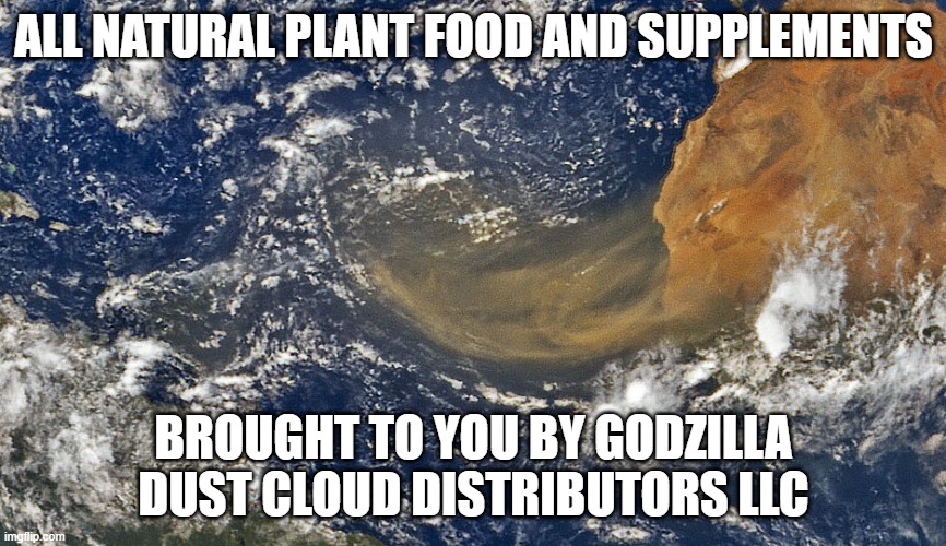 Sahara Dust Storm | ALL NATURAL PLANT FOOD AND SUPPLEMENTS; BROUGHT TO YOU BY GODZILLA DUST CLOUD DISTRIBUTORS LLC | image tagged in sahara dust storm | made w/ Imgflip meme maker