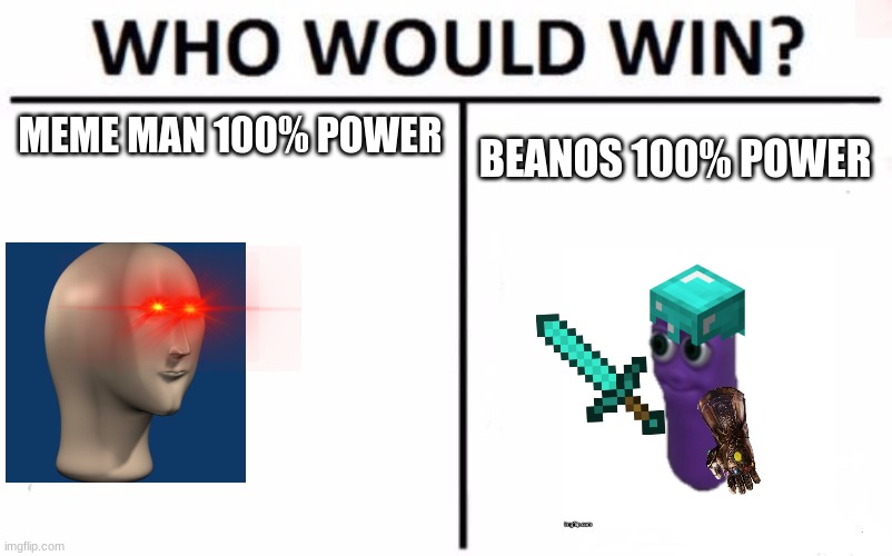 Who Would Win? | MEME MAN 100% POWER; BEANOS 100% POWER | image tagged in memes,who would win | made w/ Imgflip meme maker