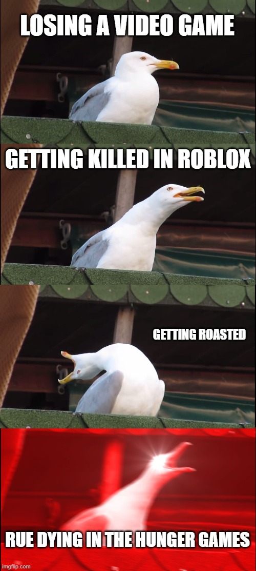 Inhaling Seagull Meme | LOSING A VIDEO GAME; GETTING KILLED IN ROBLOX; GETTING ROASTED; RUE DYING IN THE HUNGER GAMES | image tagged in memes,inhaling seagull | made w/ Imgflip meme maker