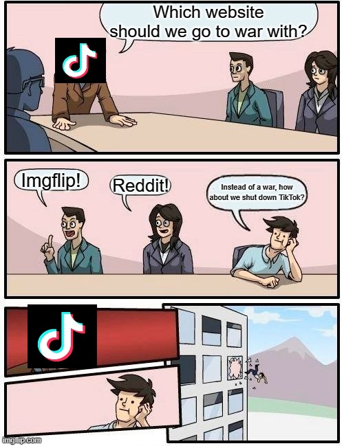 Boardroom Meeting Suggestion | Which website should we go to war with? Imgflip! Reddit! Instead of a war, how about we shut down TikTok? | image tagged in memes,boardroom meeting suggestion | made w/ Imgflip meme maker