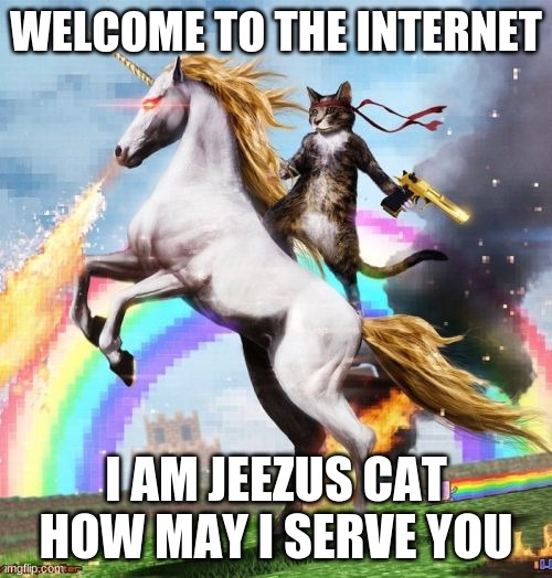 Lame Jeezus Cat | WELCOME TO THE INTERNET; I AM JEEZUS CAT HOW MAY I SERVE YOU | image tagged in memes,welcome to the internets | made w/ Imgflip meme maker