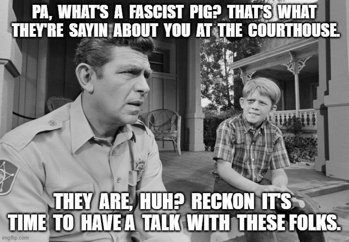 Pa? | PA,  WHAT'S  A  FASCIST  PIG?  THAT'S  WHAT  THEY'RE  SAYIN  ABOUT  YOU  AT  THE  COURTHOUSE. THEY  ARE,  HUH?  RECKON  IT'S  TIME  TO  HAVE A  TALK  WITH  THESE FOLKS. | image tagged in protesters | made w/ Imgflip meme maker