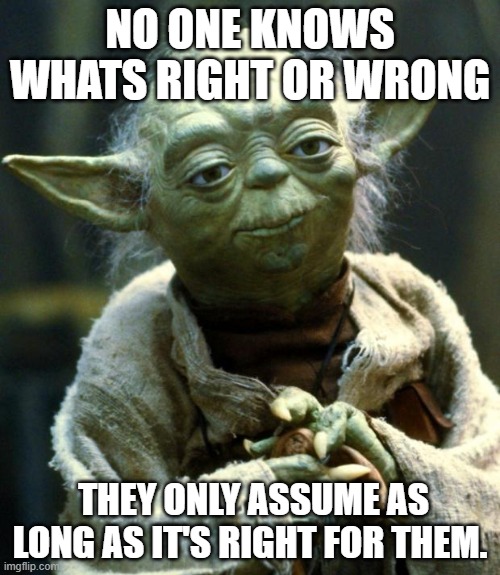 Star Wars Yoda | NO ONE KNOWS WHATS RIGHT OR WRONG; THEY ONLY ASSUME AS LONG AS IT'S RIGHT FOR THEM. | image tagged in memes,star wars yoda | made w/ Imgflip meme maker