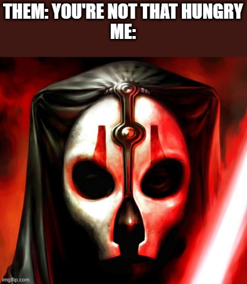Give me food mortal | THEM: YOU'RE NOT THAT HUNGRY
ME: | image tagged in darth nihilus | made w/ Imgflip meme maker