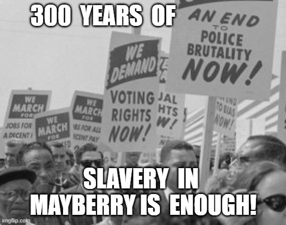 Mayberry | 300  YEARS  OF; SLAVERY  IN  MAYBERRY IS  ENOUGH! | image tagged in protesters | made w/ Imgflip meme maker