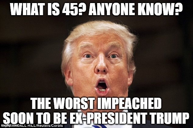 Corona (CO) Virus (VI) Disease (D) 2019 (19) is COVID-19 dumb ass! | WHAT IS 45? ANYONE KNOW? THE WORST IMPEACHED SOON TO BE EX-PRESIDENT TRUMP | image tagged in donald trump is an idiot,trump is an asshole,trump is a moron,trump is a douchebag,trump is a pathological liar,trump is a crimi | made w/ Imgflip meme maker