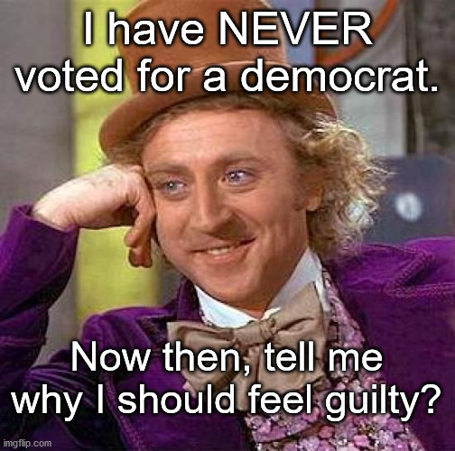 I'm listening... | I have NEVER voted for a democrat. Now then, tell me why I should feel guilty? | image tagged in memes,creepy condescending wonka,white privilege | made w/ Imgflip meme maker
