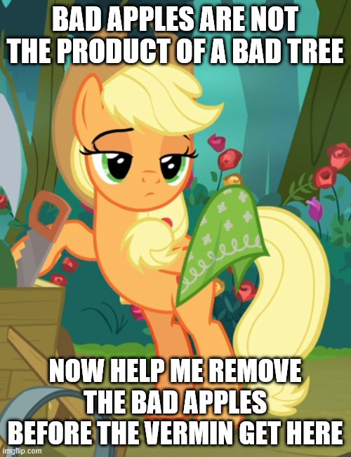 BAD APPLES ARE NOT THE PRODUCT OF A BAD TREE NOW HELP ME REMOVE THE BAD APPLES BEFORE THE VERMIN GET HERE | made w/ Imgflip meme maker