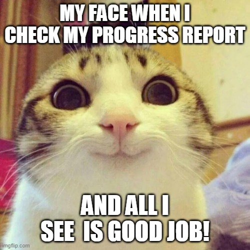 Smiling Cat Meme | MY FACE WHEN I CHECK MY PROGRESS REPORT; AND ALL I SEE  IS GOOD JOB! | image tagged in memes,smiling cat | made w/ Imgflip meme maker