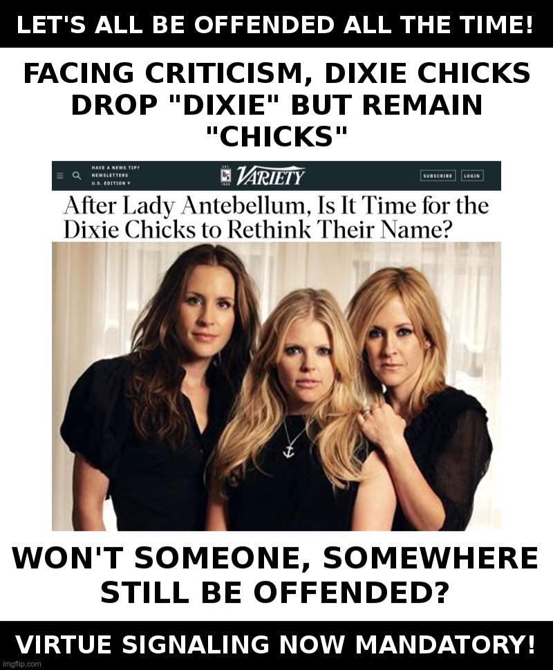 What Are We Offended By TODAY? | image tagged in dixie,chicks,white chicks,virtue signalling,angry,liberals | made w/ Imgflip meme maker