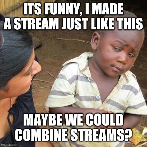 Third World Skeptical Kid | ITS FUNNY, I MADE A STREAM JUST LIKE THIS; MAYBE WE COULD COMBINE STREAMS? | image tagged in memes,third world skeptical kid | made w/ Imgflip meme maker