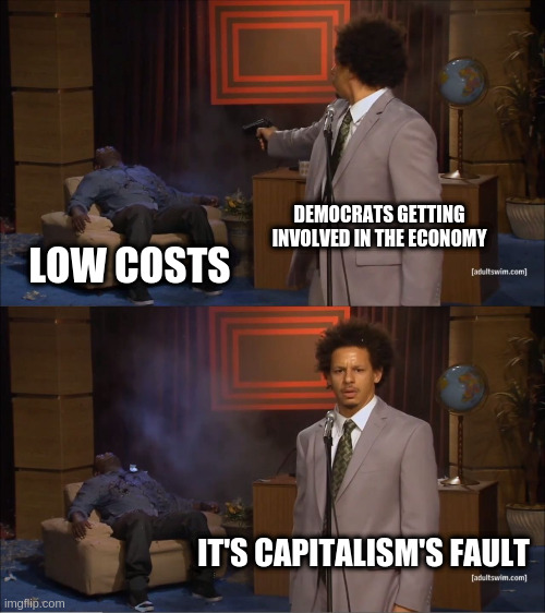 Democratic Party do be dumb tho | DEMOCRATS GETTING INVOLVED IN THE ECONOMY; LOW COSTS; IT'S CAPITALISM'S FAULT | image tagged in memes,who killed hannibal,democratic party,democrats,welfare,anarchy | made w/ Imgflip meme maker