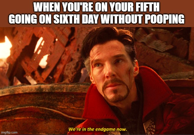  WHEN YOU'RE ON YOUR FIFTH GOING ON SIXTH DAY WITHOUT POOPING | image tagged in avengers endgame,poop,constipation,laxative,pooping,funny memes | made w/ Imgflip meme maker