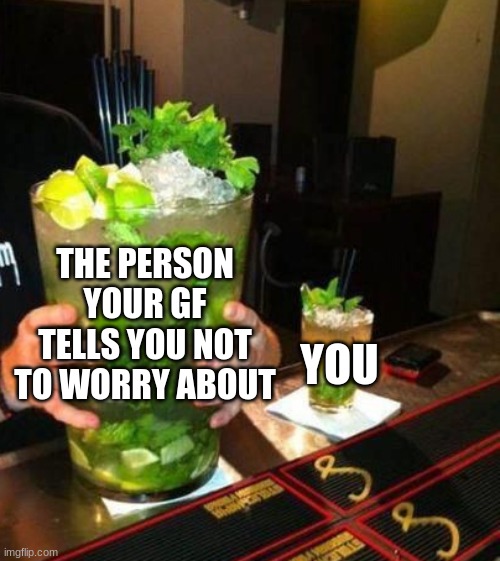 Giant Mint Drink | THE PERSON YOUR GF TELLS YOU NOT TO WORRY ABOUT; YOU | image tagged in new,fun | made w/ Imgflip meme maker
