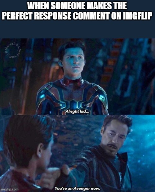 Infinity war you're an avenger now | WHEN SOMEONE MAKES THE PERFECT RESPONSE COMMENT ON IMGFLIP | image tagged in infinity war you're an avenger now | made w/ Imgflip meme maker