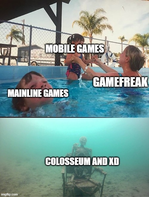 we need more of those | MOBILE GAMES; GAMEFREAK; MAINLINE GAMES; COLOSSEUM AND XD | image tagged in mom helping kid,pokemon | made w/ Imgflip meme maker