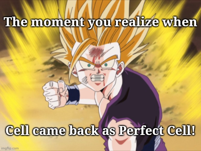 New Template (Anger SSJ2 Teen Gohan) | The moment you realize when; Cell came back as Perfect Cell! | image tagged in anger ssj2 teen gohan dbz,dragon ball z,gohan,super saiyan,anger,memes | made w/ Imgflip meme maker