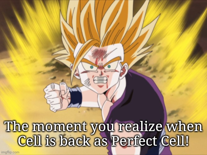Anger SSJ2 Teen Gohan (DBZ) | The moment you realize when Cell is back as Perfect Cell! | image tagged in anger ssj2 teen gohan dbz,memes,gohan,dragon ball z,anger | made w/ Imgflip meme maker