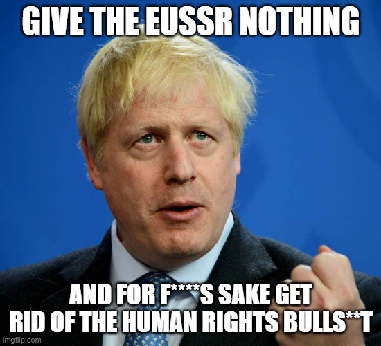 Boris Johnson | GIVE THE EUSSR NOTHING; AND FOR F****S SAKE GET RID OF THE HUMAN RIGHTS BULLS**T | image tagged in boris johnson | made w/ Imgflip meme maker