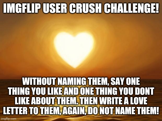 have fun, and again, DO NOT NAME THEM! | IMGFLIP USER CRUSH CHALLENGE! WITHOUT NAMING THEM, SAY ONE THING YOU LIKE AND ONE THING YOU DONT LIKE ABOUT THEM. THEN WRITE A LOVE LETTER TO THEM, AGAIN, DO NOT NAME THEM! | image tagged in love,not a ship | made w/ Imgflip meme maker