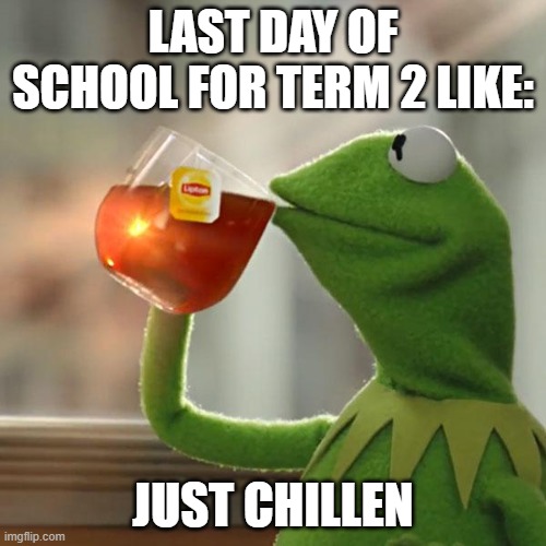 Just chillen | LAST DAY OF SCHOOL FOR TERM 2 LIKE:; JUST CHILLEN | image tagged in memes,but that's none of my business,kermit the frog | made w/ Imgflip meme maker