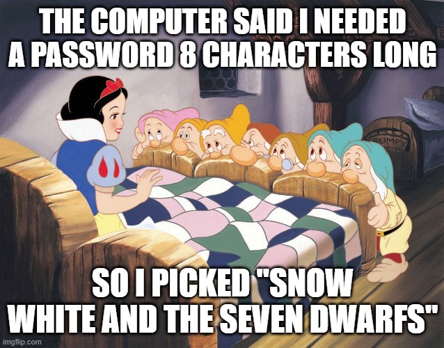 That Should Do It | THE COMPUTER SAID I NEEDED A PASSWORD 8 CHARACTERS LONG; SO I PICKED "SNOW WHITE AND THE SEVEN DWARFS" | image tagged in snow white | made w/ Imgflip meme maker