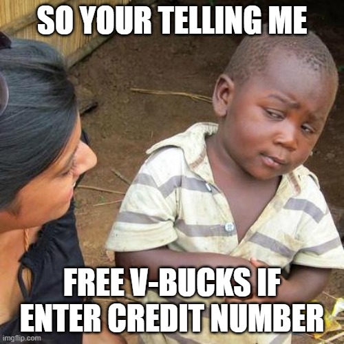 kiddo get scam | SO YOUR TELLING ME; FREE V-BUCKS IF ENTER CREDIT NUMBER | image tagged in memes,third world skeptical kid | made w/ Imgflip meme maker
