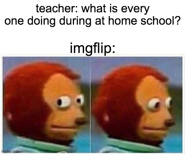 Monkey Puppet Meme | teacher: what is every one doing during at home school? imgflip: | image tagged in memes,monkey puppet | made w/ Imgflip meme maker