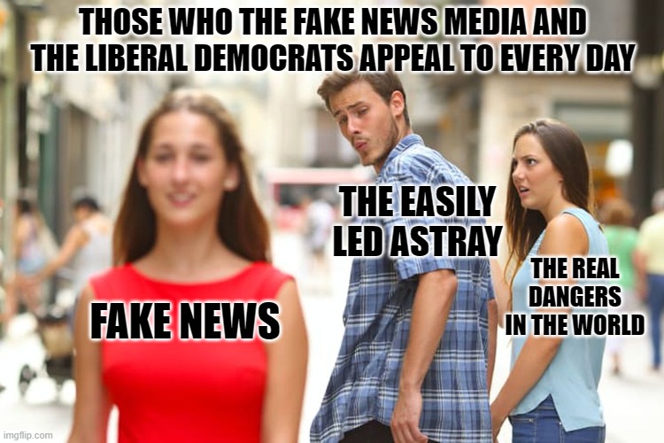 Network TV News and Cable News theory in a nutshell | THOSE WHO THE FAKE NEWS MEDIA AND THE LIBERAL DEMOCRATS APPEAL TO EVERY DAY; THE EASILY LED ASTRAY; THE REAL DANGERS IN THE WORLD; FAKE NEWS | image tagged in distracted boyfriend,news,fake news,election 2020,donald trump approves,liberals vs conservatives | made w/ Imgflip meme maker