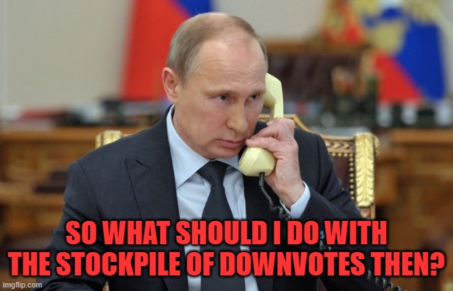 Putin Phone | SO WHAT SHOULD I DO WITH THE STOCKPILE OF DOWNVOTES THEN? | image tagged in putin phone | made w/ Imgflip meme maker