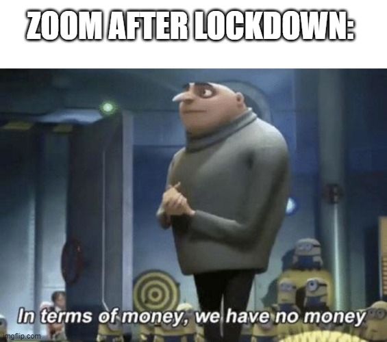 NO MONYE | ZOOM AFTER LOCKDOWN: | image tagged in in terms of money we have no money | made w/ Imgflip meme maker