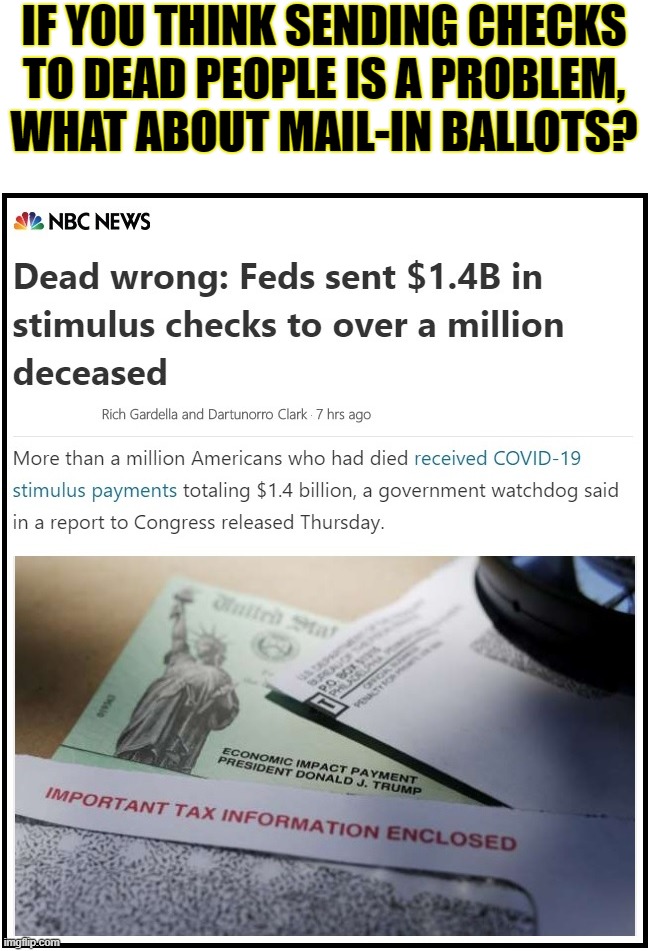 Purge the voter rolls of the deceased, NOW!!! | IF YOU THINK SENDING CHECKS TO DEAD PEOPLE IS A PROBLEM, WHAT ABOUT MAIL-IN BALLOTS? | image tagged in i see dead people voting,dead only vote dem,stop voter fraud | made w/ Imgflip meme maker