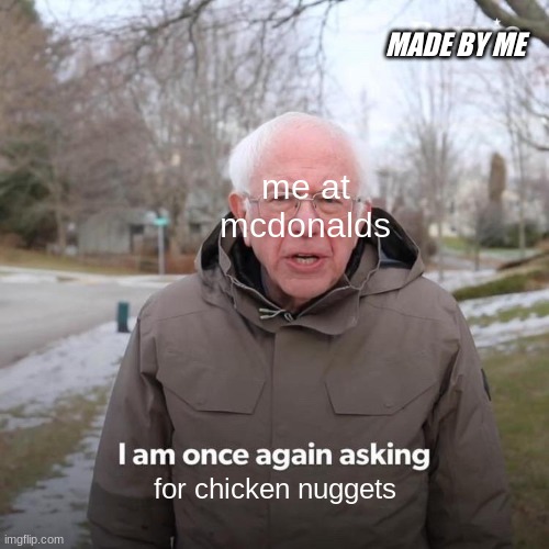 Chicken Nuggies | MADE BY ME; me at mcdonalds; for chicken nuggets | image tagged in memes,bernie i am once again asking for your support | made w/ Imgflip meme maker